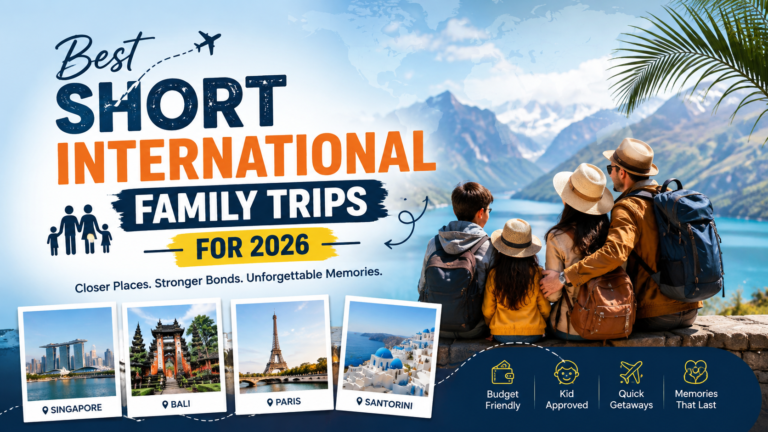 A wide travel-themed banner showing a family of four overlooking a scenic mountain lake, promoting the "Best Short International Family Trips for 2026." Featured destinations include Singapore, Bali, Paris, and Santorini, with icons highlighting budget-friendly travel, kid-friendly experiences, quick getaways, and lasting family memories.